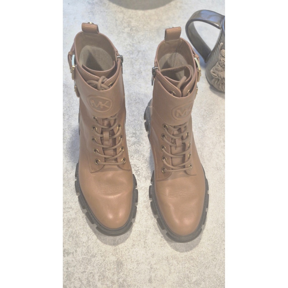 Michael Kors Brown Leather Combat Boots Lug Sole Moto Buckle Side Zip Women 7.5 - Picture 7 of 16